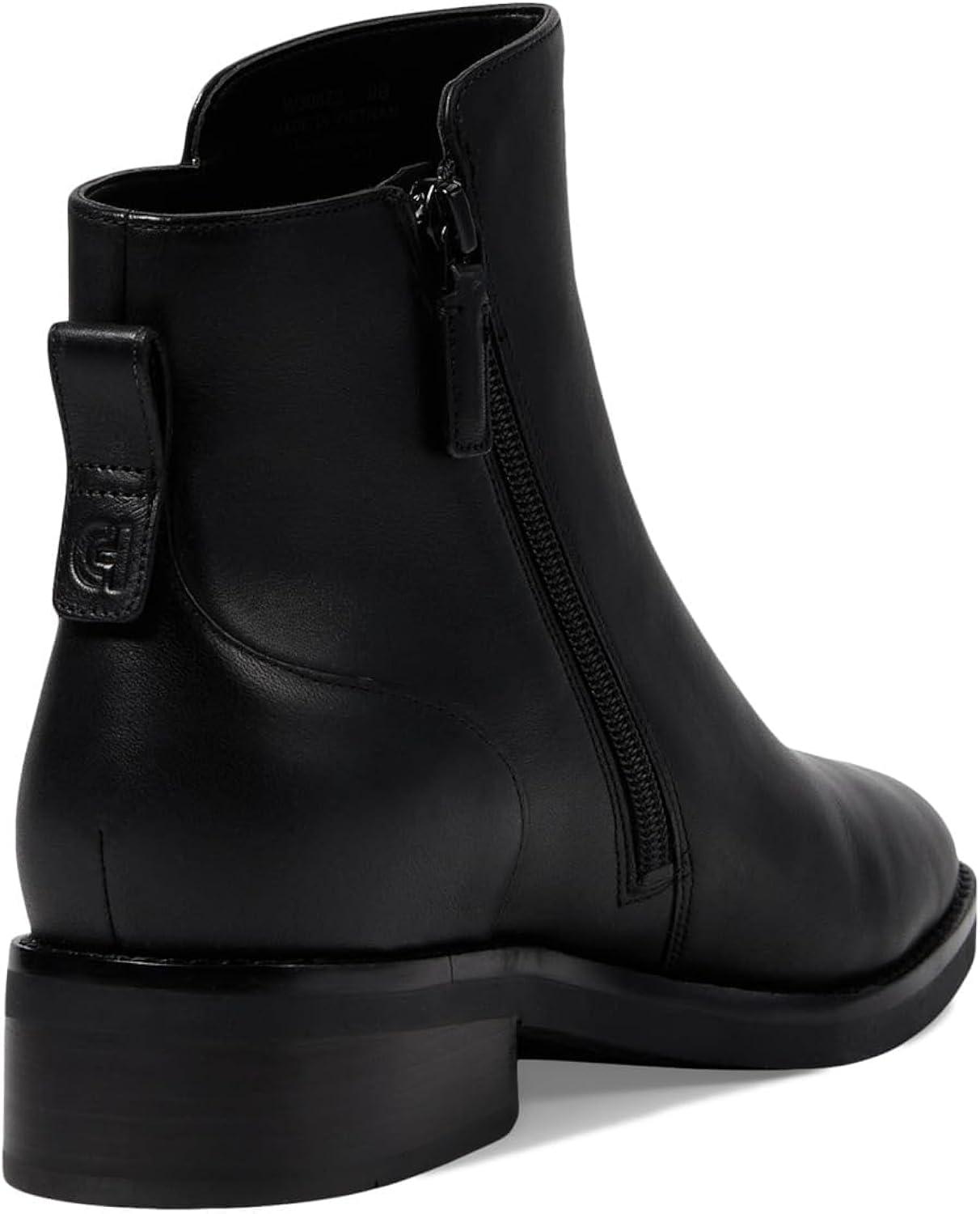 Women's Black Genuine Leather Waterproof Low Heel Ankle Boots