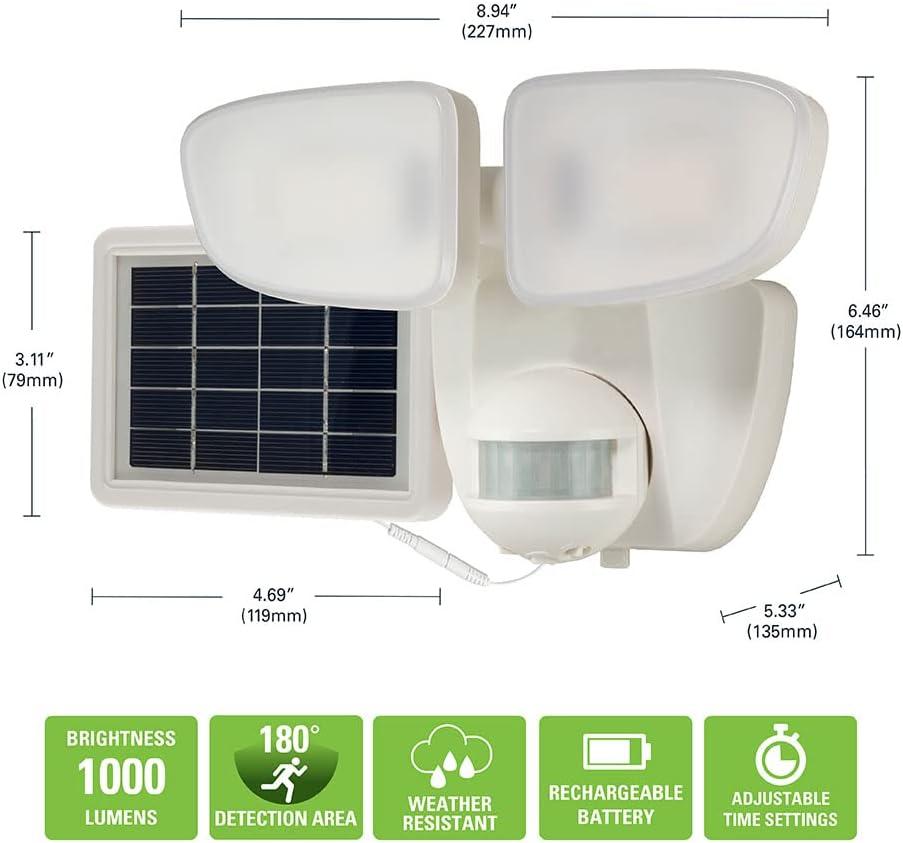 HALO Solar Outdoor LED Flood Light with 180 Degree Motion Sensor Flood & Security Twin Head Light 1000 Lumens White