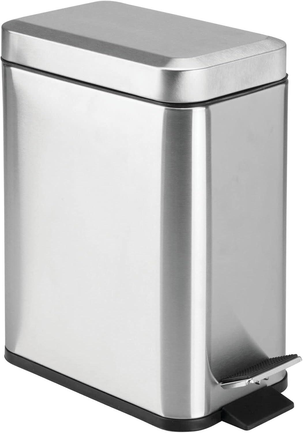 mDesign Small 1.3 Gallon Rectangle Metal Step Can, Liner/Handle, Brushed Chrome