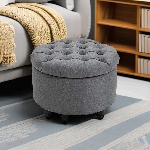 HOMCOM Round Linen-touch Fabric Storage Footstool Ottoman Button Tufted Footrest with Removable Lid, Grey