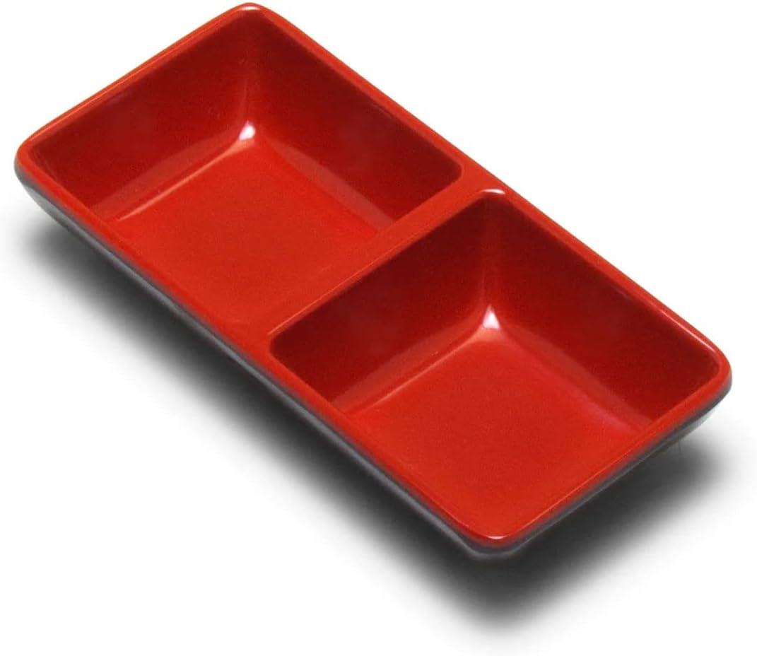 JapanBargain 2395, Japanese Style Soy Sauce Melamine Dishes Dipping Bowls, Red and Black Color, Two Compartments, 12 Pack