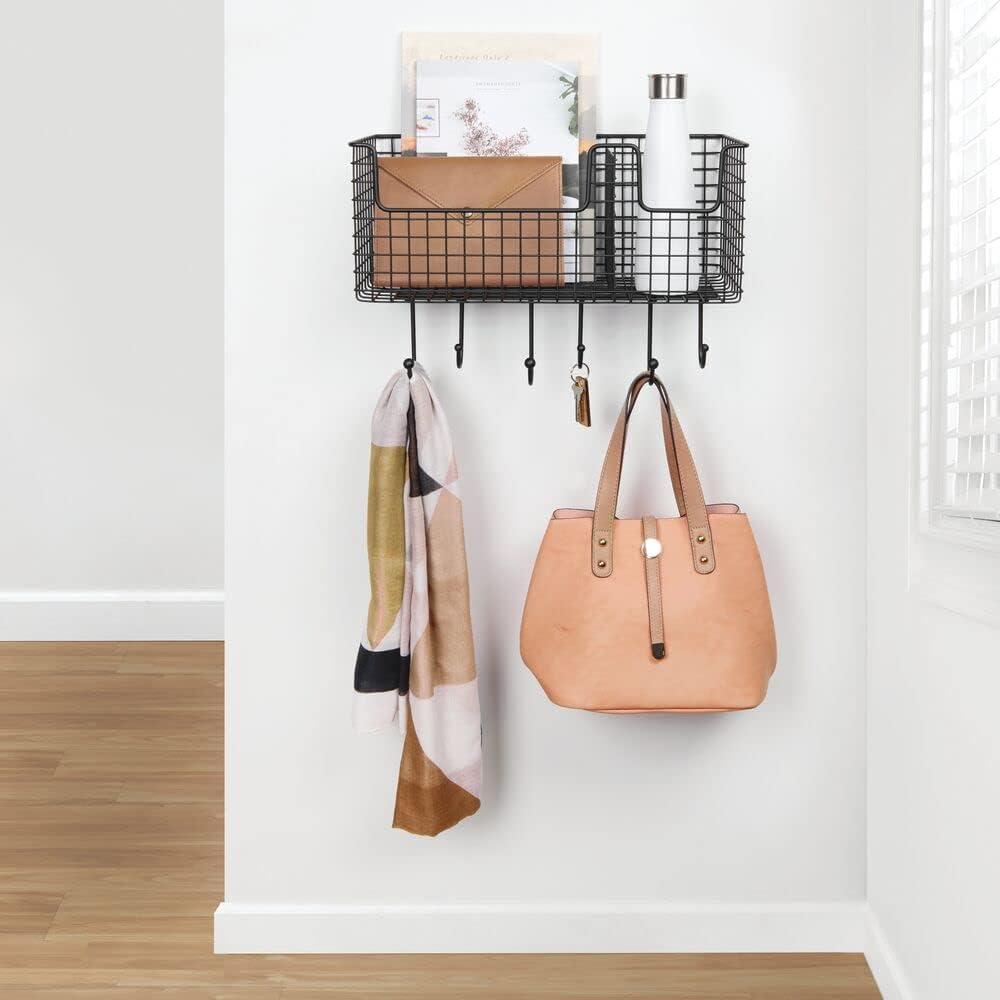 mDesign Metal Storage Organizer Basket with 6 Hooks - Wall Mount - Black