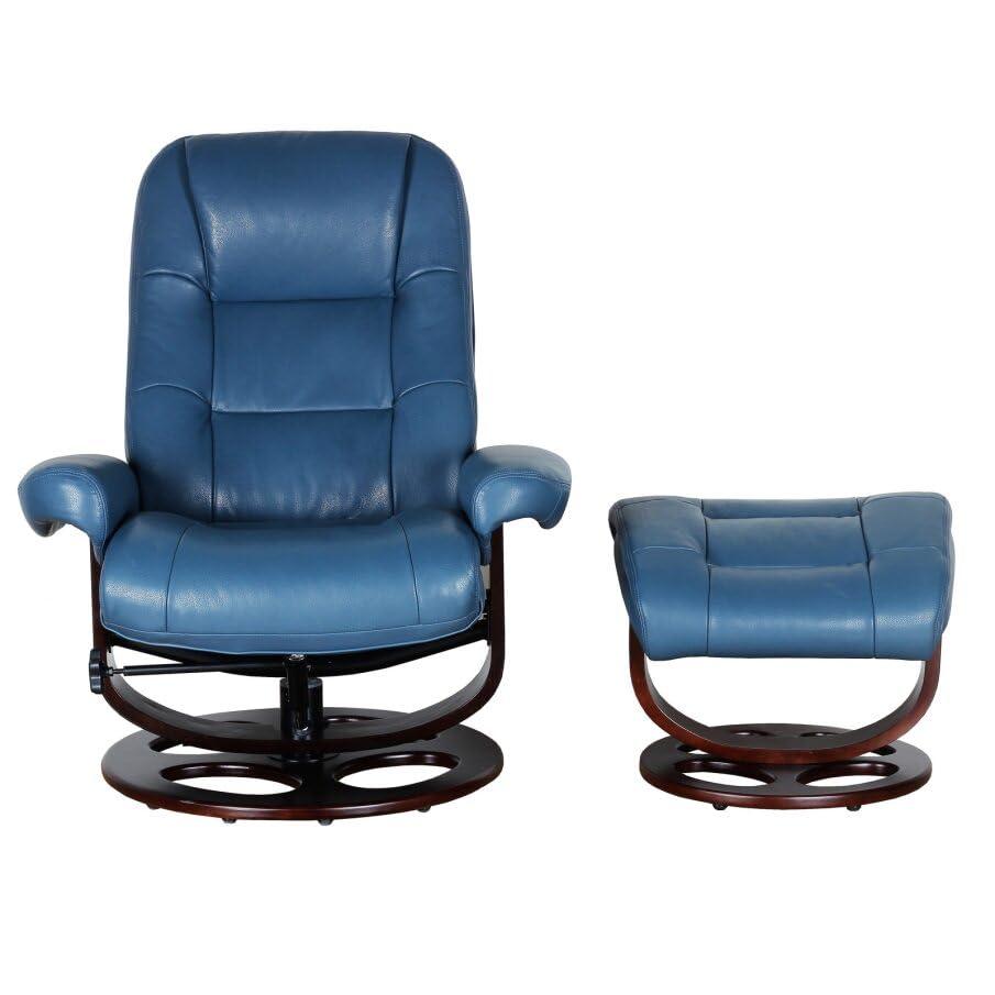 Roman Blue Leather Swivel Recliner with Cappuccino Finish