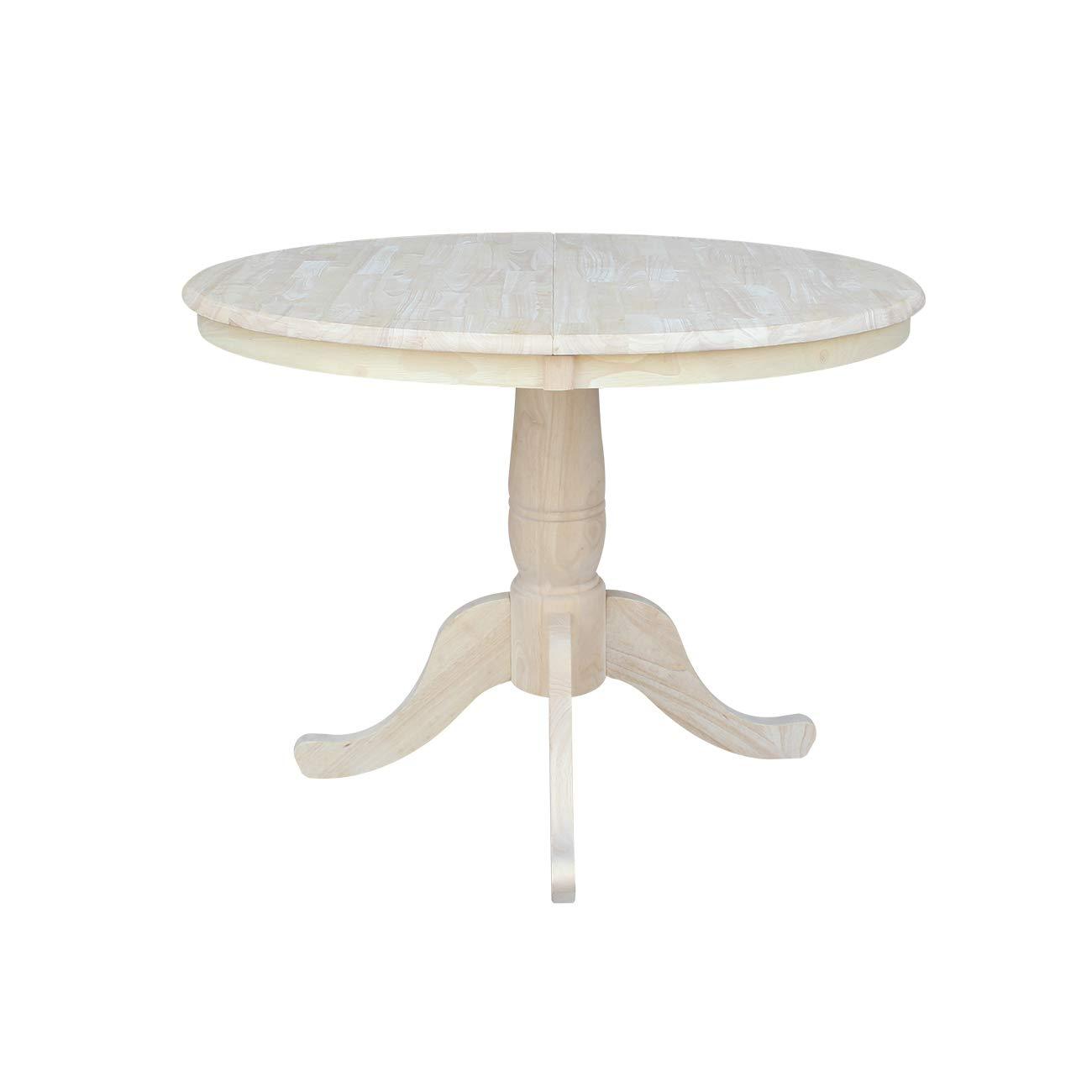 36" Round Top Pedestal Extendable Dining Table with 12" Drop Leaf Unfinished - International Concepts