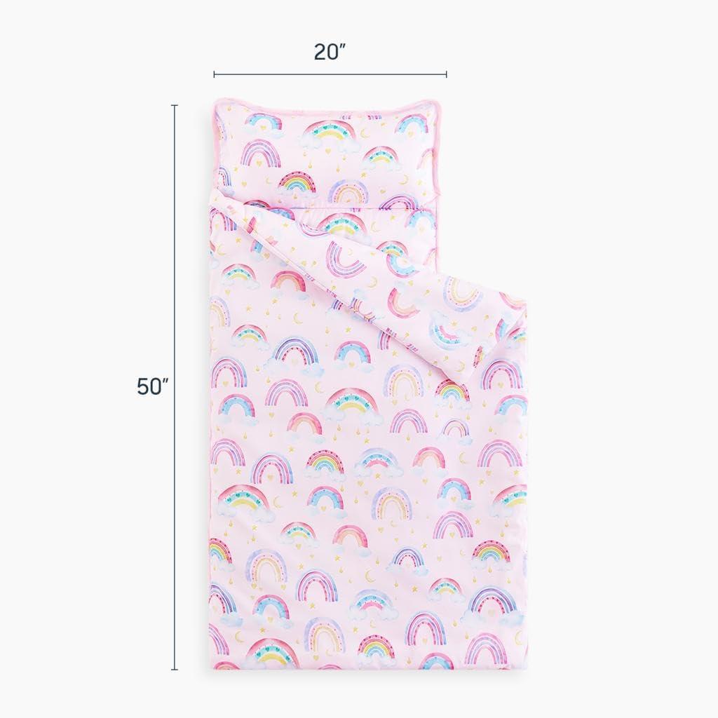Wake In Cloud - Toddler Nap Mat with Pillow and Blanket, for Kids Girls in Kindergarten Daycare Preschool Pre K, Roll Up Sleeping Bag, Colorful Rainbows, Light Pink, Standard