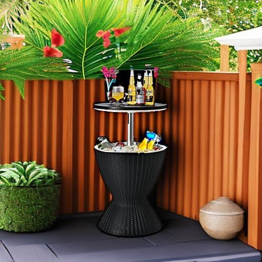 Costway 8 Gallon 3 in 1 Patio Rattan Cooler Bar Table Adjust Ice Bucket Black