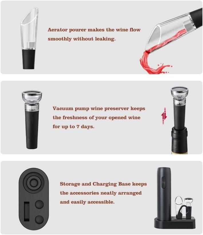 Rechargeable Electric Wine Opener, 5 in 1 set with Automatic Electric Wine Bottle Corkscrew Opener, Foil Cutter, Vacuum Stopper, Wine Pourer and Storage Charging Stand