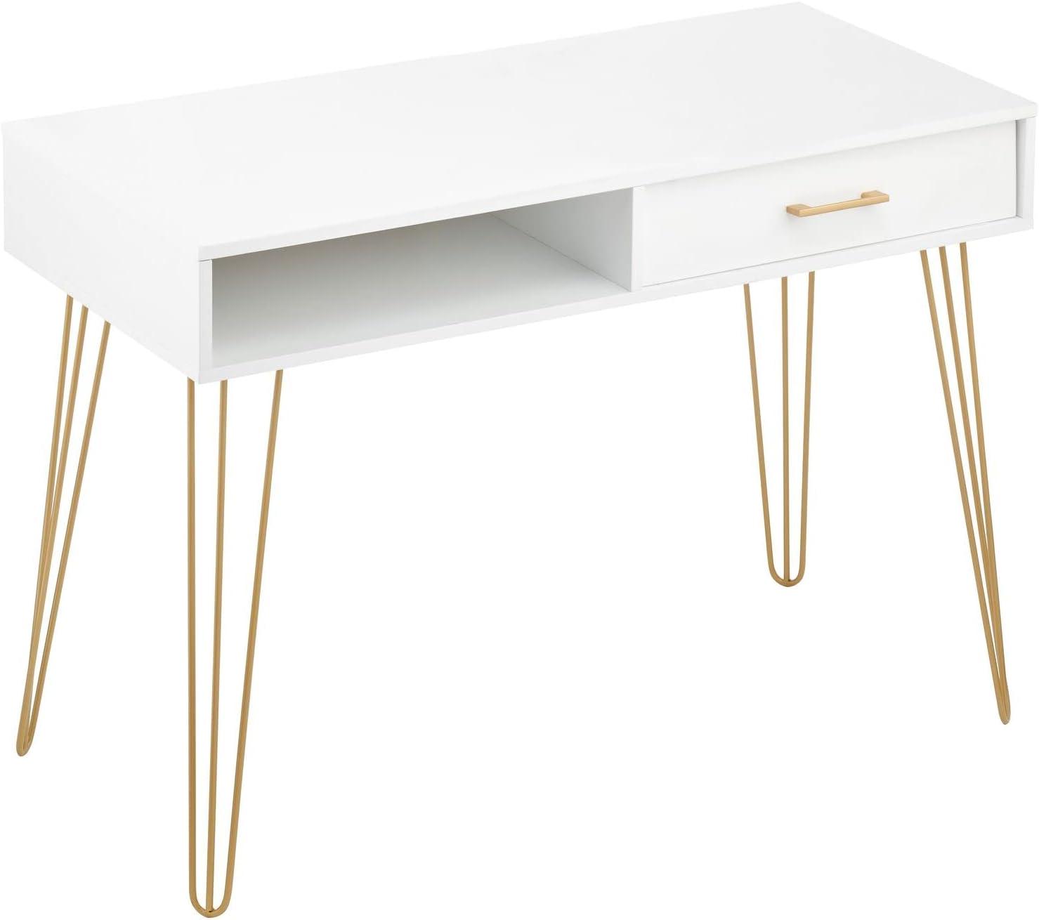 mDesign Metal/Wood Home Office Desk with Drawer, Hairpin Legs