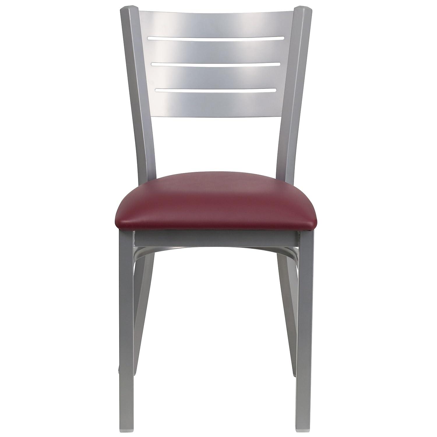 BizChair Silver Slat Back Metal Restaurant Chair - Burgundy Vinyl Seat