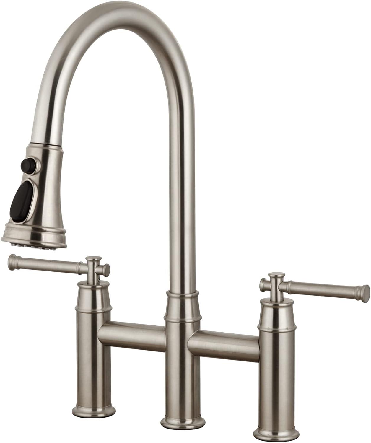 Brushed Nickel Double Handle Bridge Kitchen Faucet with Pull-Down Sprayer