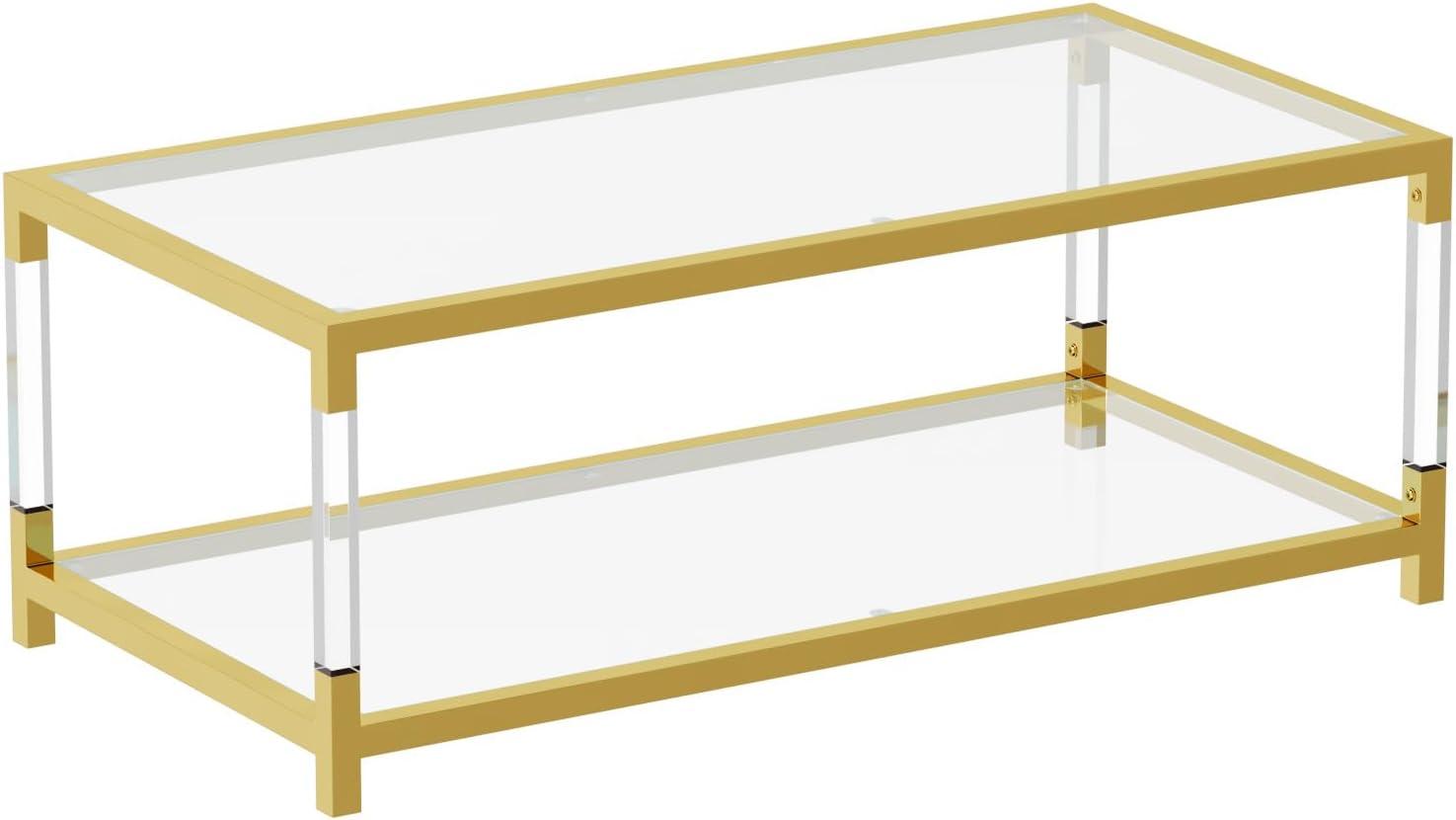 Modern Gold Glass Coffee Table with Acrylic Legs and Storage