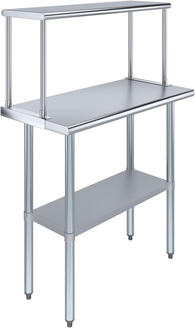 AmGood 18" x 36" Stainless Steel Work Table With 12" Wide Double Tier Overshelf | Metal Kitchen Prep Table & Shelving Combo