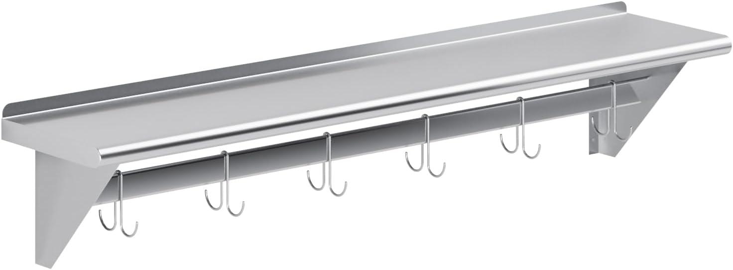 60" Stainless Steel Wall Mounted Pot Rack with Shelf and Hooks