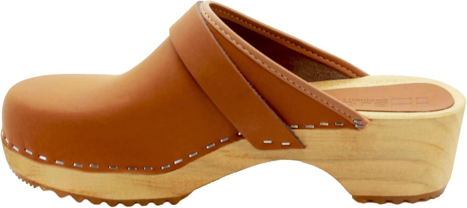 Cognac Genuine Leather Women's Casual Clogs with Wood Outsole