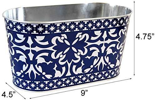 Navy and White Portuguese Style Metal Oval Planters, Set of 2