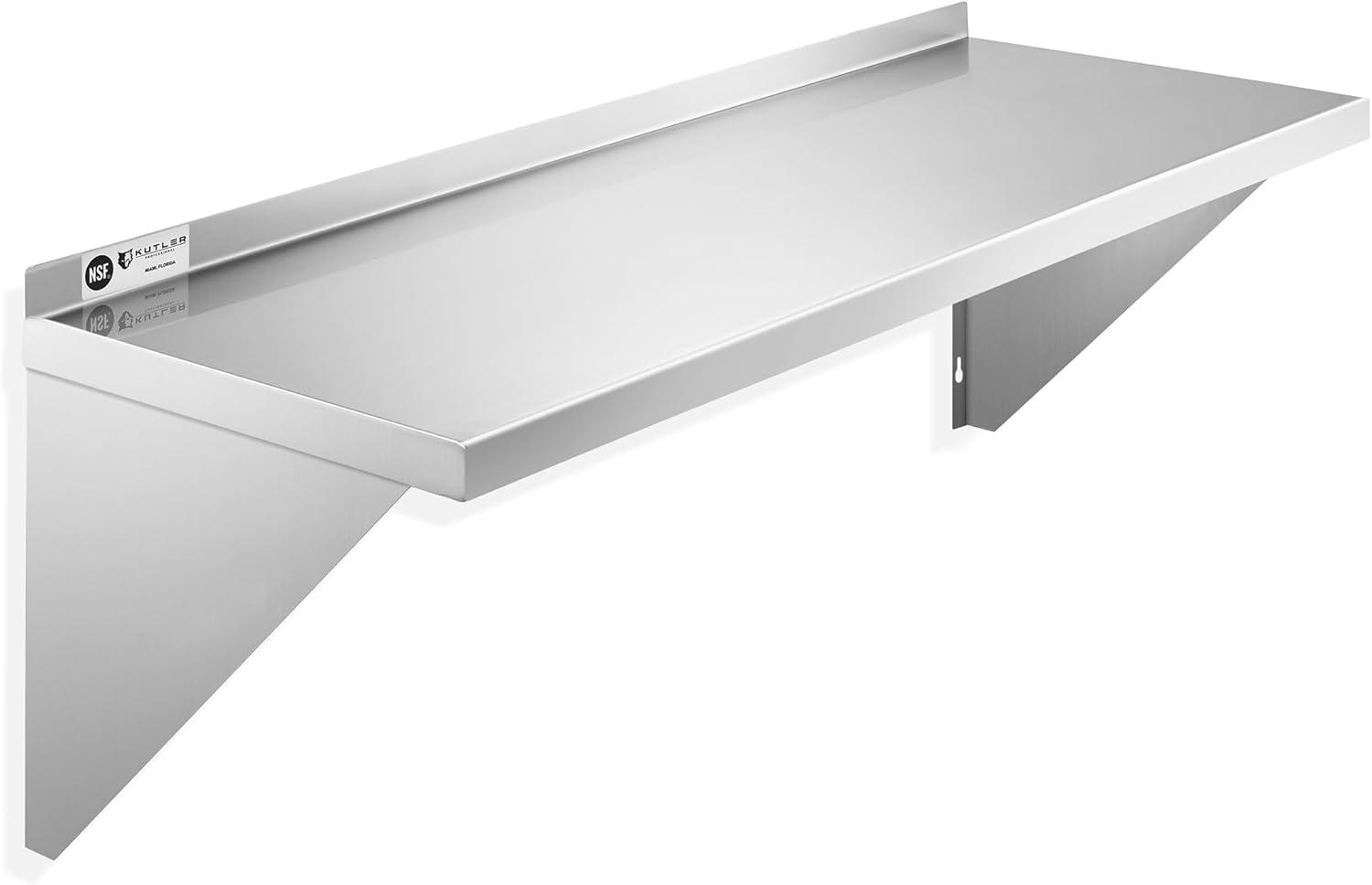 KUTLER Stainless Steel Shelf, NSF Commercial Wall Mount Shelves w/ Backsplash, Floating Metal Mounted Shelving for Restaurant, Kitchen, Home