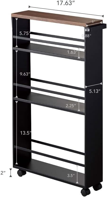 Slim Black Steel Three-Tiered Rolling Storage Cart with Handle