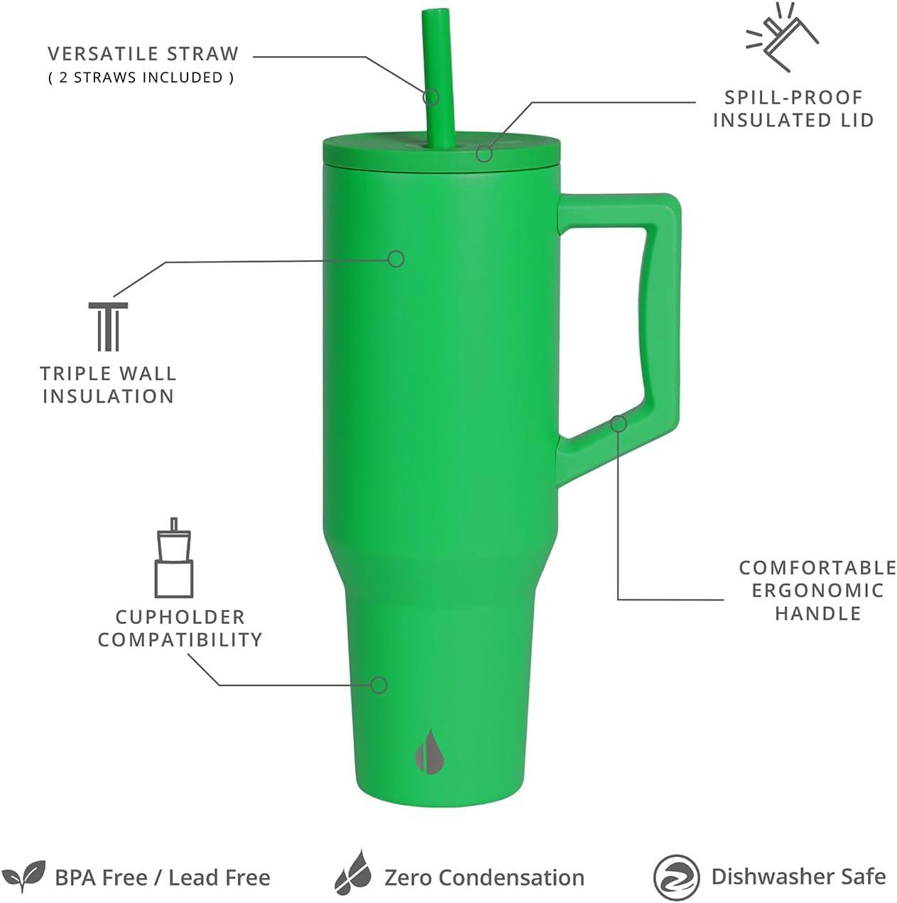 Elemental Commuter 40 oz Tumbler with Handle and Straw Lid | Travel Coffee Mug Spill Resistant | Insulated Cup Stainless Steel Tumblers for Water, Smoothies, Milkshake and More | Green