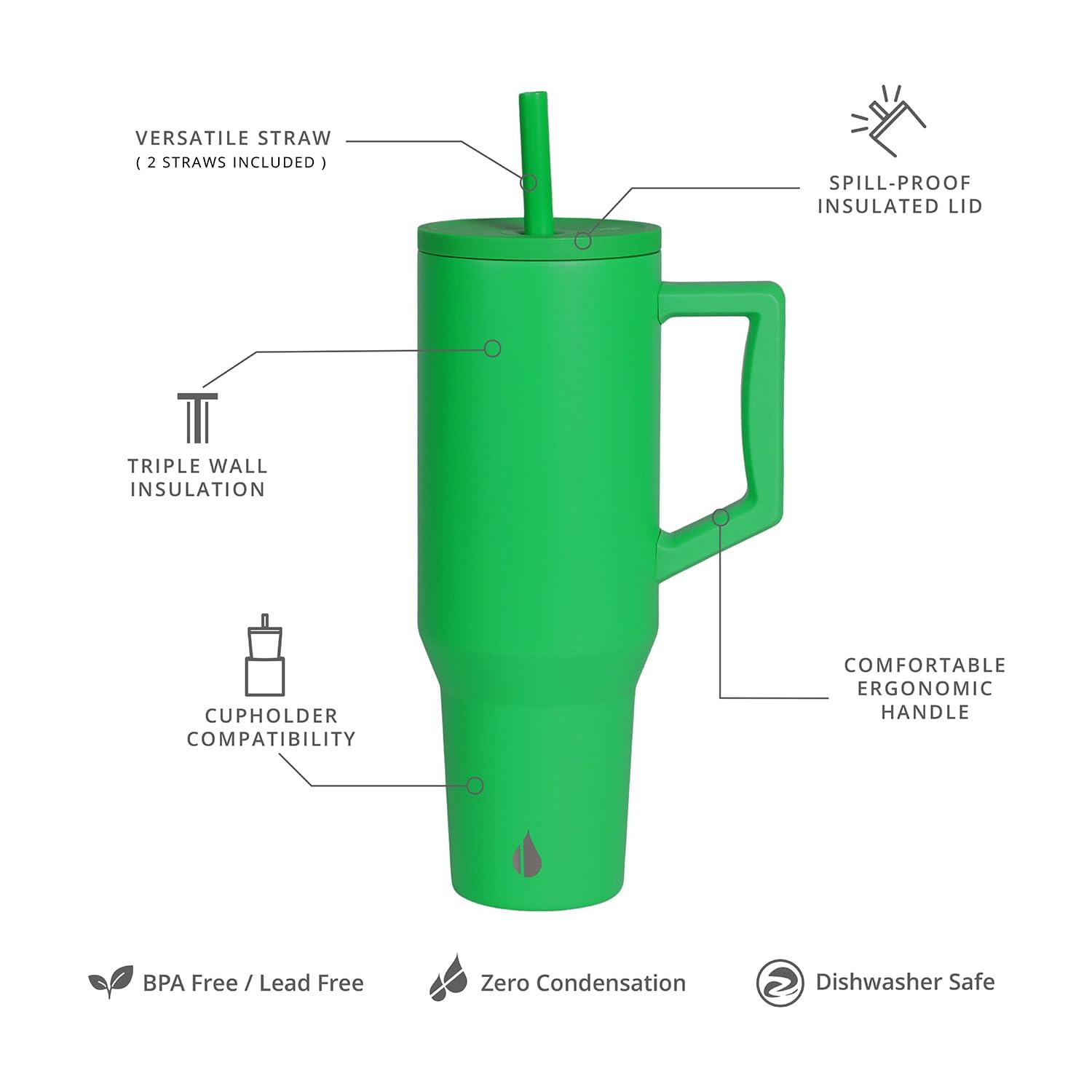Elemental Commuter 40 oz Tumbler with Handle and Straw Lid | Travel Coffee Mug Spill Resistant | Insulated Cup Stainless Steel Tumblers for Water, Smoothies, Milkshake and More | Green