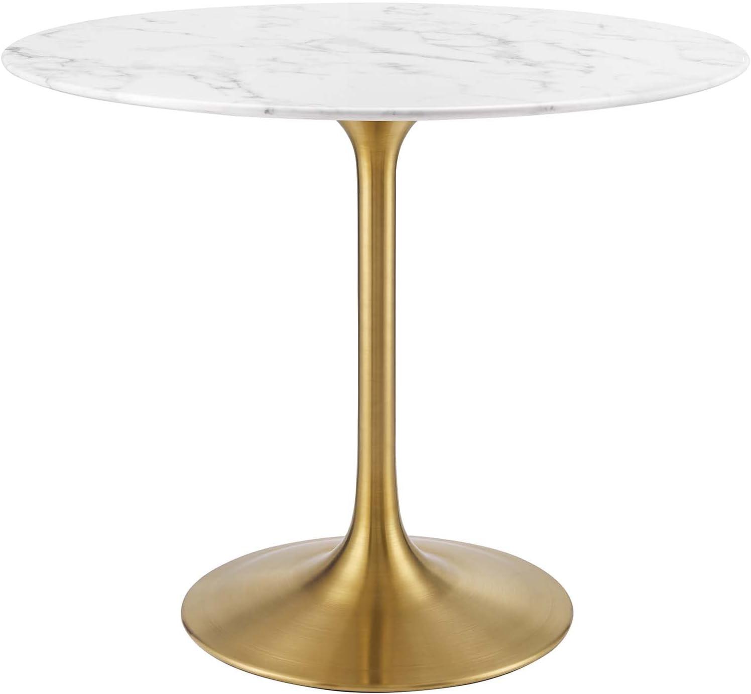 Round White Marble and Gold Pedestal Dining Table