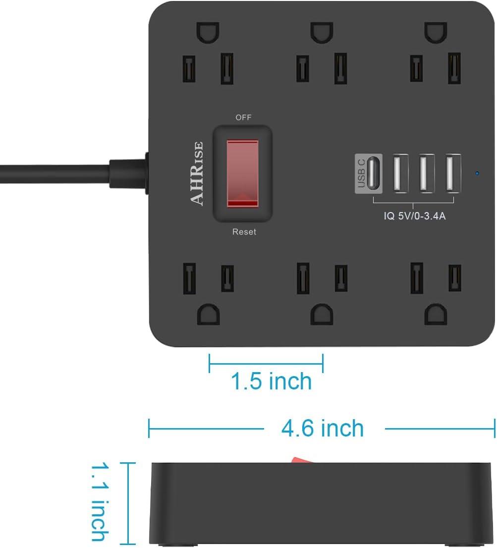 Black 6-Outlet Power Strip with 4 USB Ports and 5' Cord