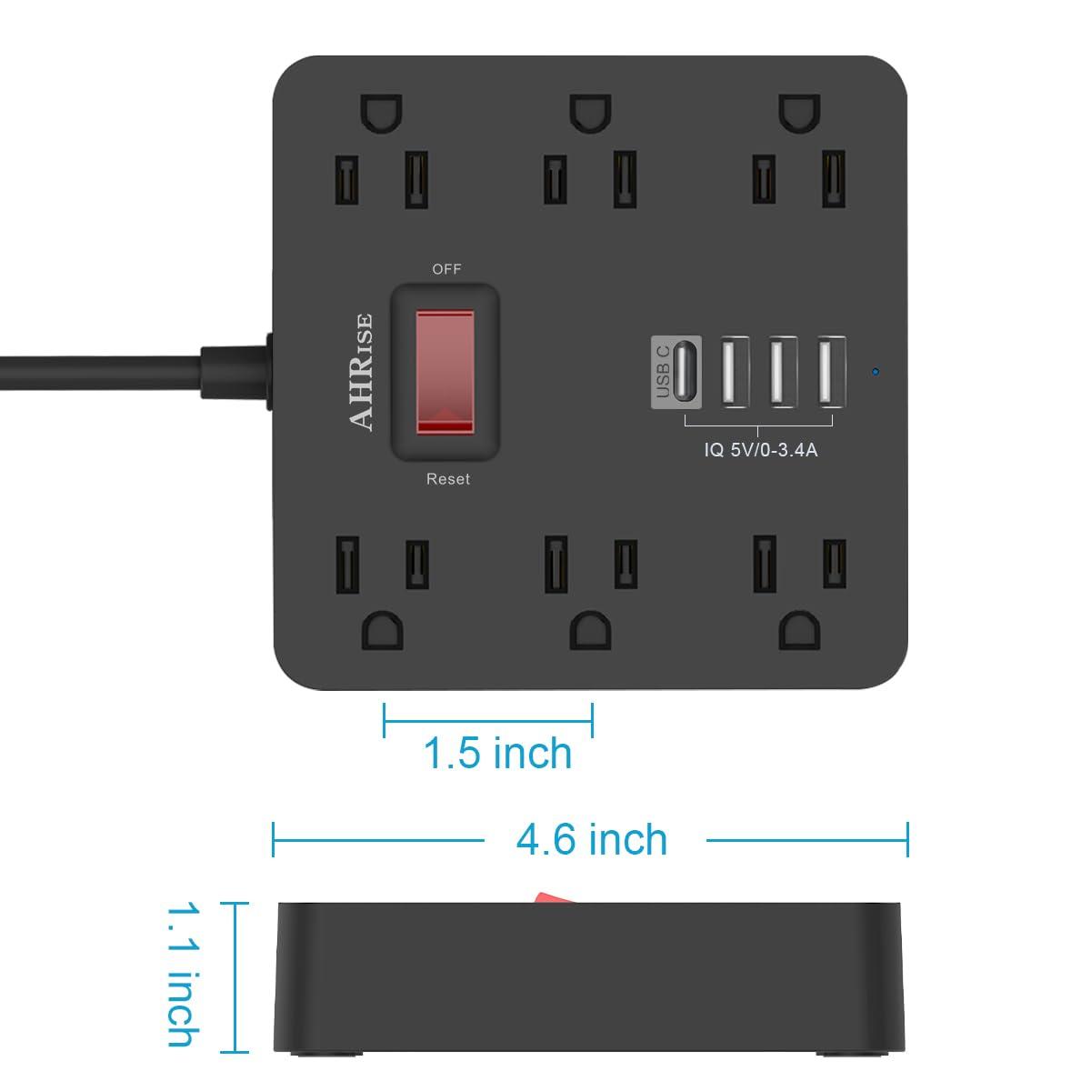 ONDOG 5ft Extension Cord - 6 AC Outlets and 4 USB Charging Ports, Power Strip for Home, Office, Black