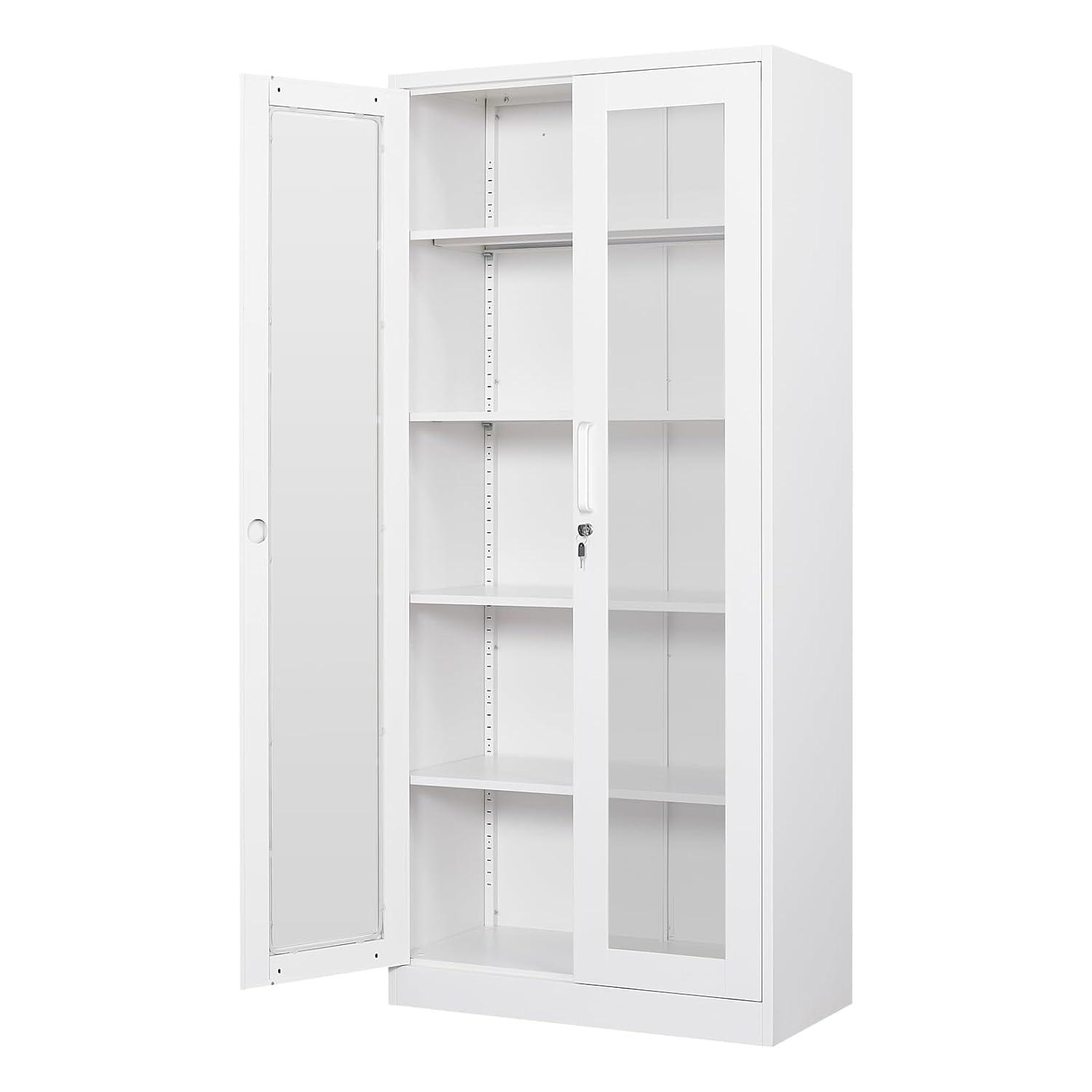 Display Cabinet With Glass Doors, Curio Cabinets With 4 Adjustable Shelves, Locking Glass Cabinet Display Case For Home, Office, Clinic, Pantry, Assemble Required
