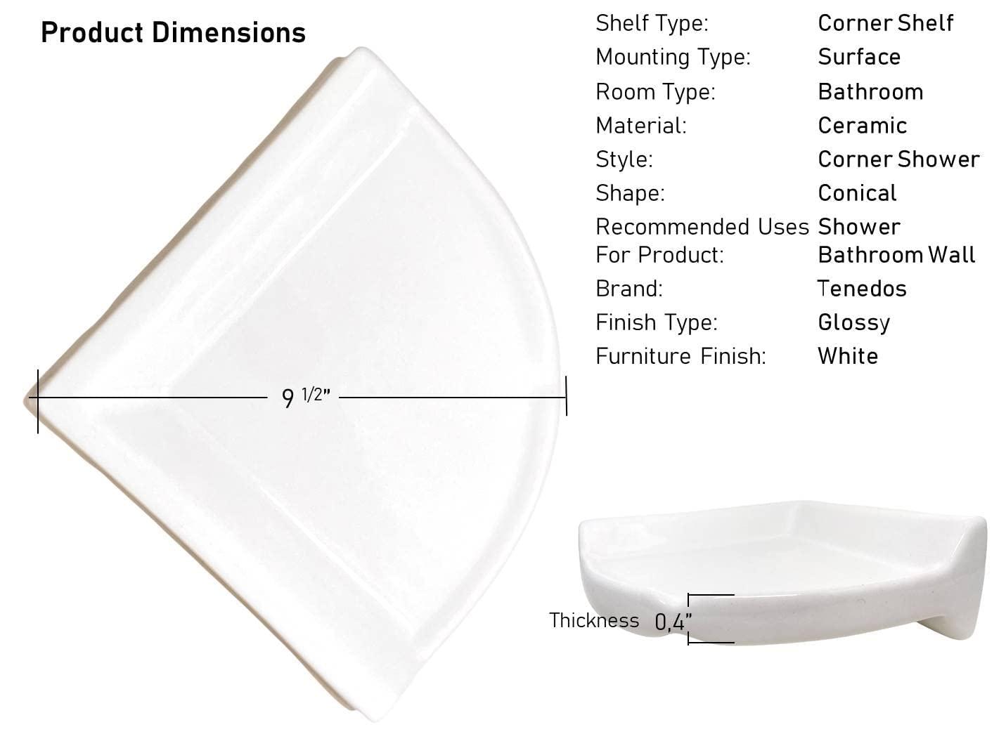 Tenedos White Glazed Ceramic Bathroom Accessory (Corner Shower) - Shampoo and Big Soap Holder- Not Flat Surface Installation
