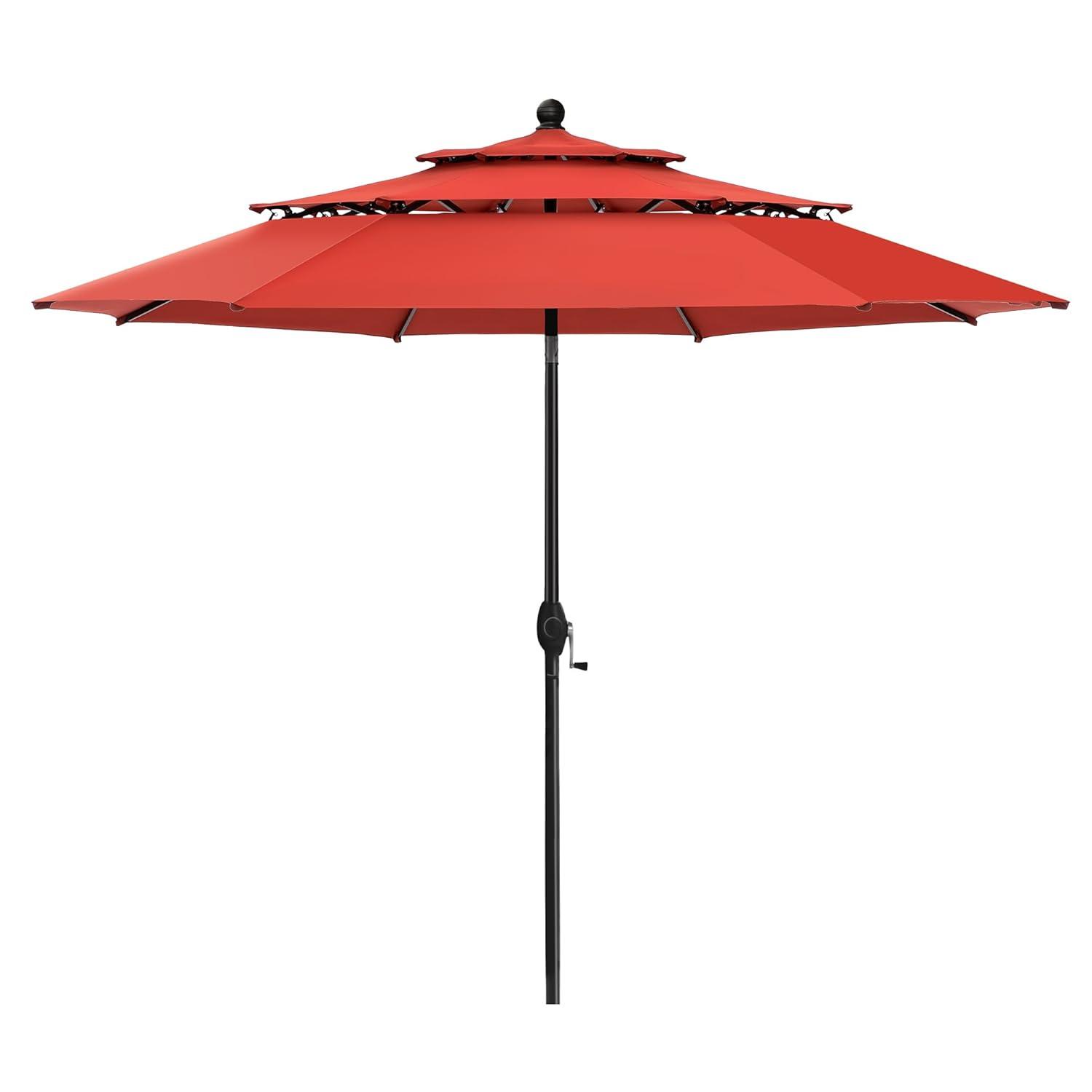 10ft Orange Red Polyester 3-Tier Vented Patio Umbrella with Auto-Tilt