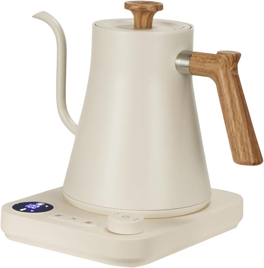 White Electric Gooseneck Kettle with Bamboo Handle and LCD Display