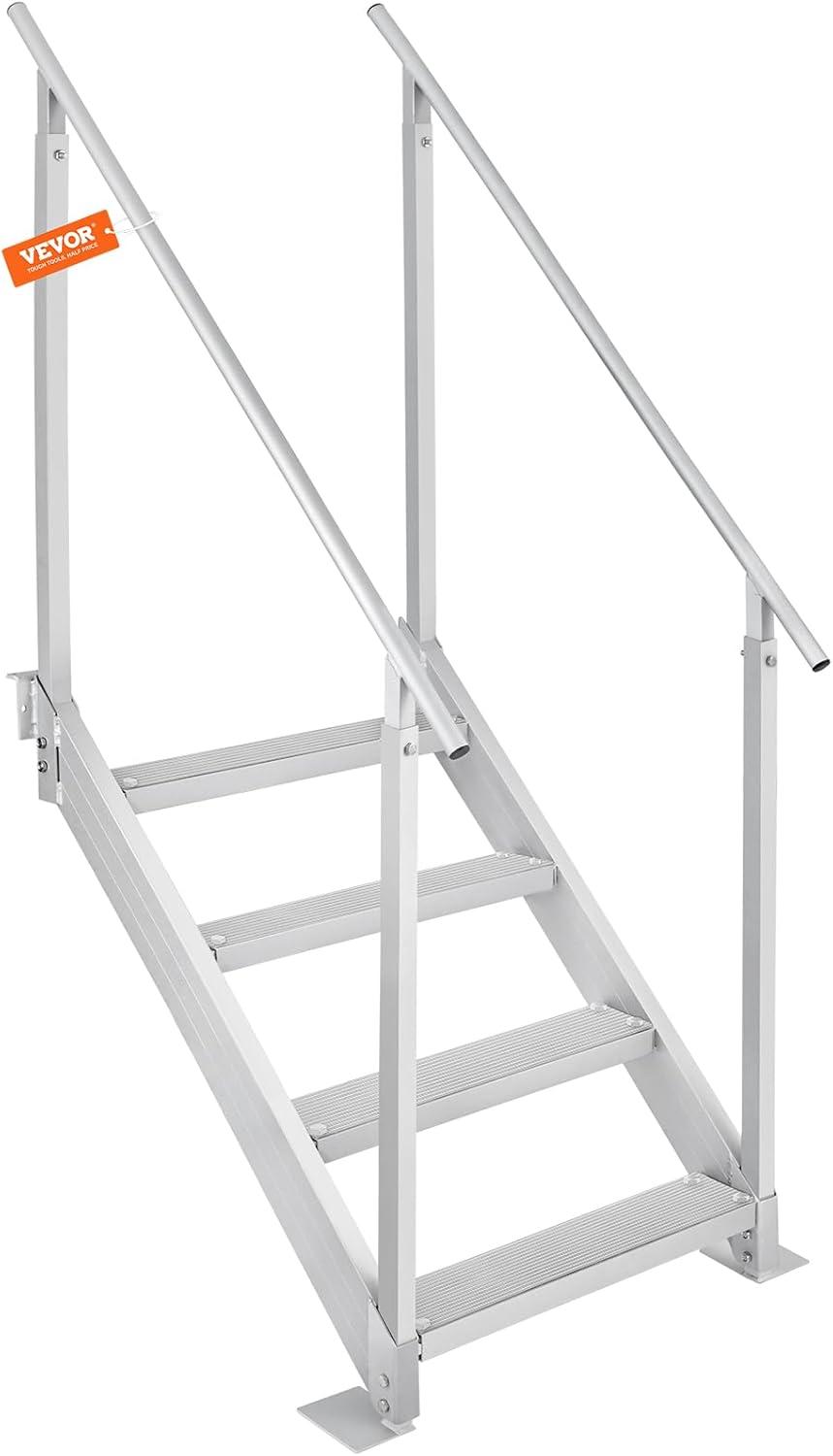 VEVOR Dock Stairs 4 Steps, 500lbs Load Pool Steps, Adjustable Height Aluminum Dock Ladders, Pontoon Boat Ladder with Handrails & Widen Nonslip Pedals for Lake/Pool/Marine Boarding/RV/House