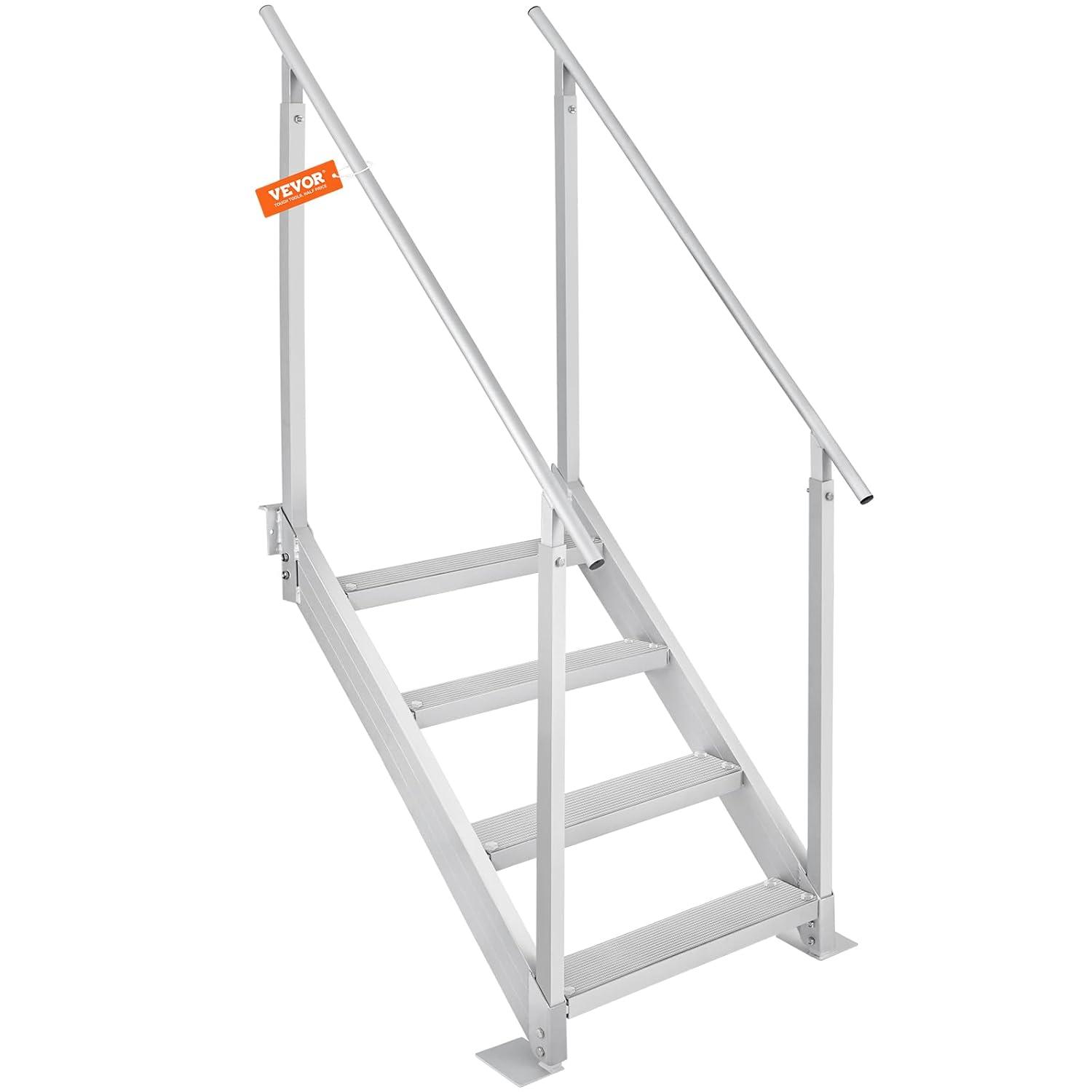 VEVOR Dock Stairs 4 Steps, 500lbs Load Pool Steps, Adjustable Height Aluminum Dock Ladders, Pontoon Boat Ladder with Handrails & Widen Nonslip Pedals for Lake/Pool/Marine Boarding/RV/House