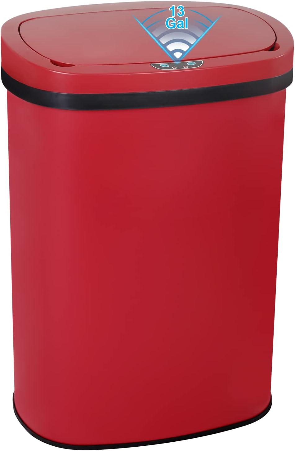 13 Gallon 50L Touch Automatic Stainless Steel Trash Can Garbage Can Metal Trash Bin with Lid for Kitchen Living Room Office Bathroom, Electronic Sensor Automatic Trash Can - Red