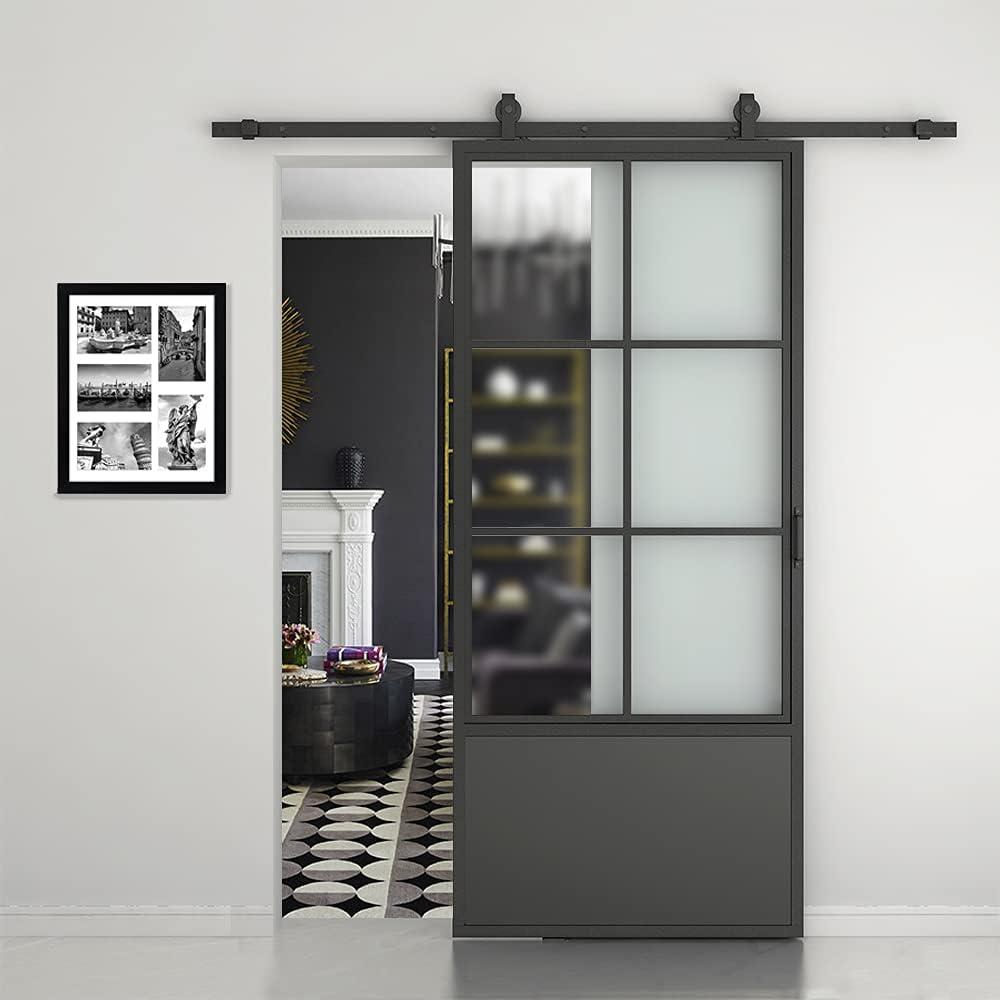 30 in. x 84 in. Frosted Glass Black Steel Frame Barn Door with Sliding Hardware