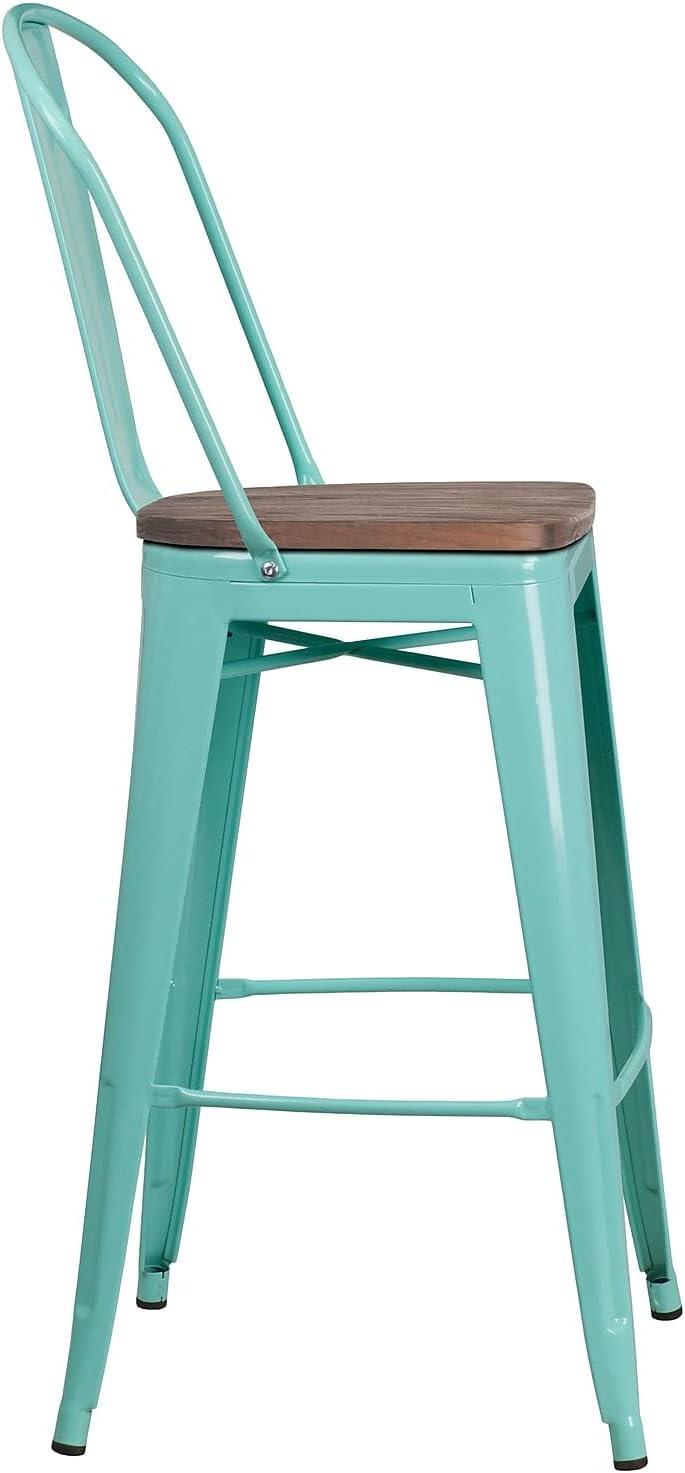 Flash Furniture 30" High Mint Green Metal Barstool with Back and Wood Seat