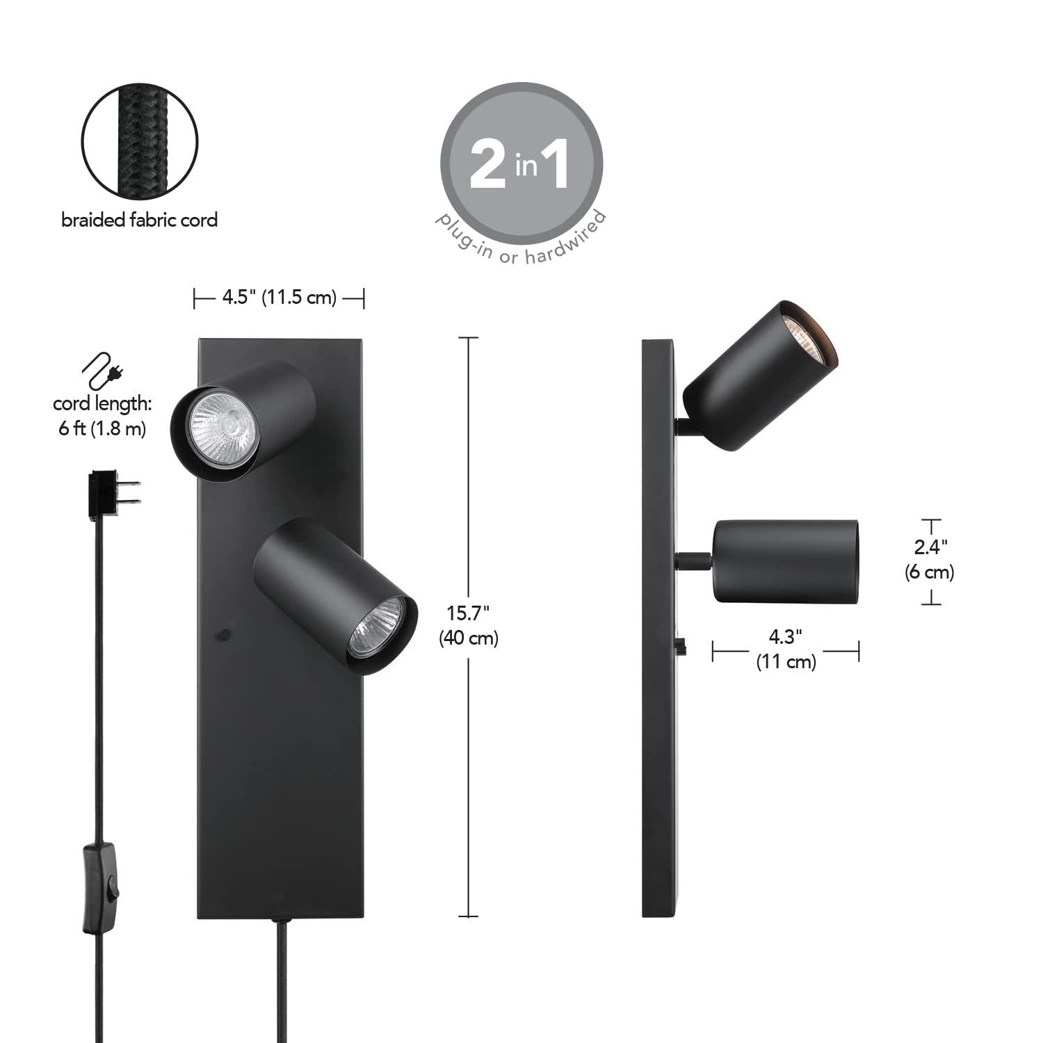 GLOBE Electric 51845 2-Light Plug-in or Hardwire Wall Sconce, Matte Black, in-Line On/Off Switch, Wall Lighting, Wall Lights for Bedroom, Kitchen Sconces Wall Lighting, Home Décor, Bulb Not Included