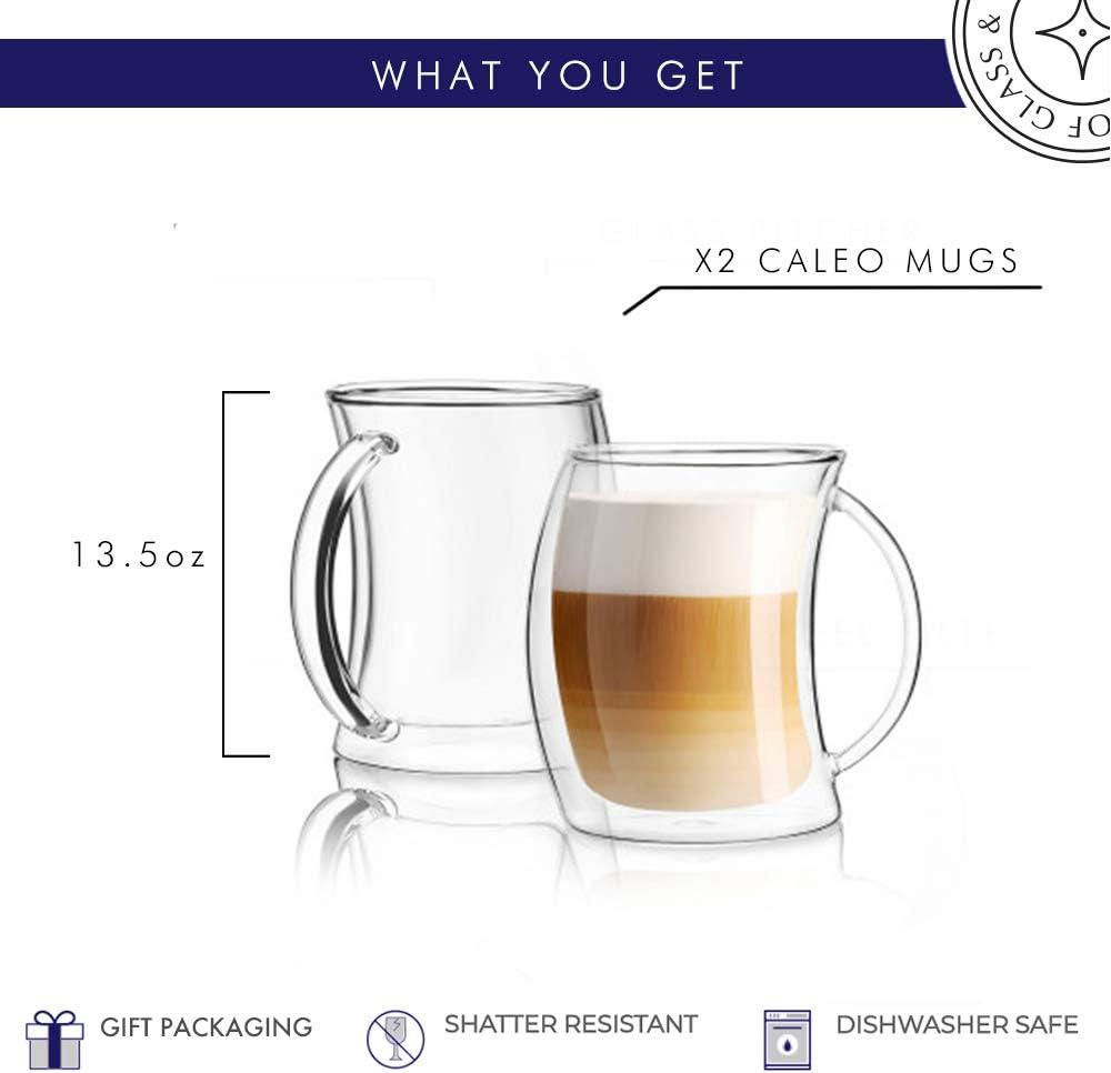 Caleo 13.5oz Double Wall Insulated Glass Coffee Mugs, Set of 2