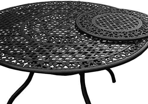 Black Aluminum 59-Inch Round Patio Dining Table with Lazy Susan