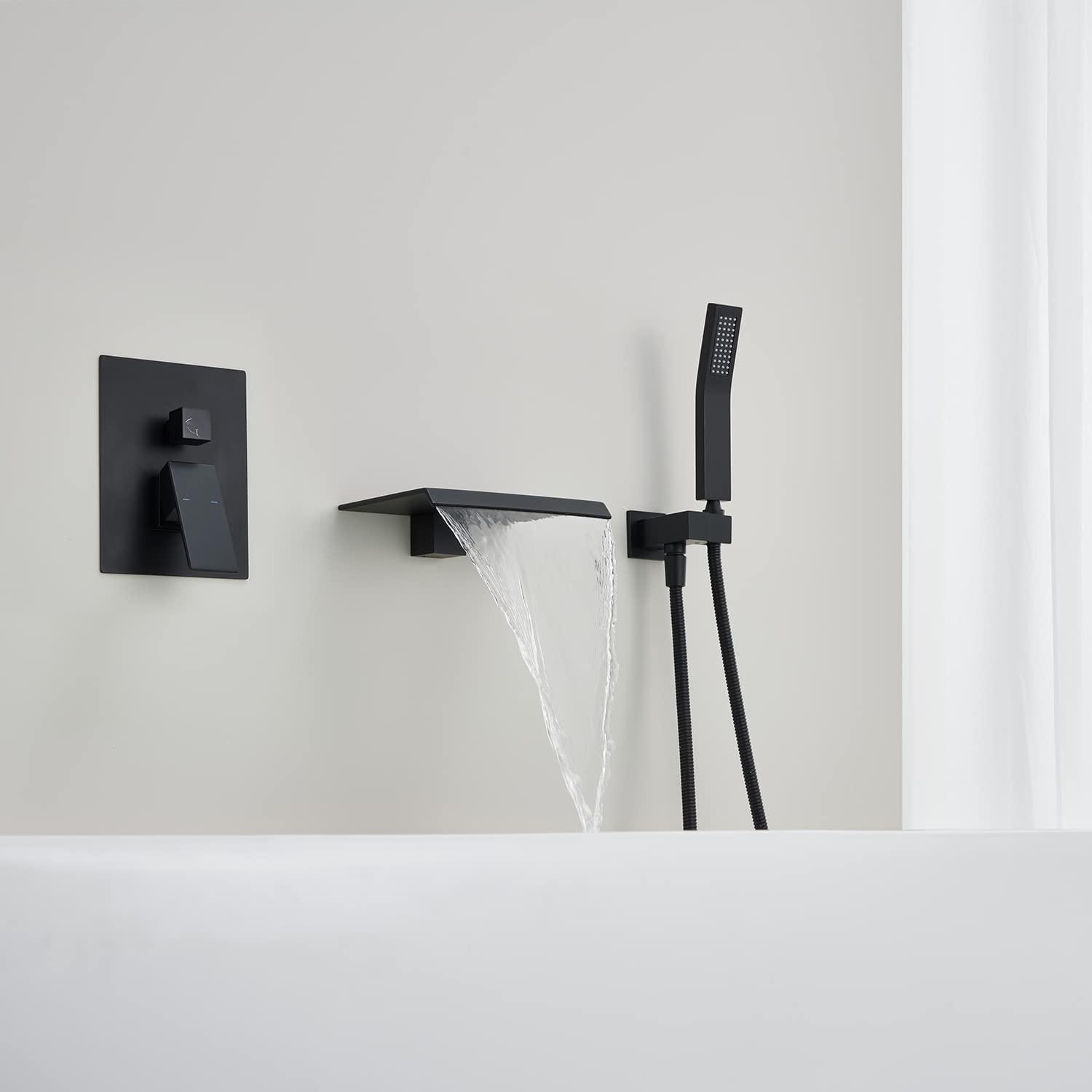 Airuida Wall Mount Tub Faucet with Waterfall Tub Spout Wall Mounted Bathtub Faucet with Handheld Shower Single Handle Tub Filler Shower Faucet Set with Rough-in valve Straight Spout Matte Black