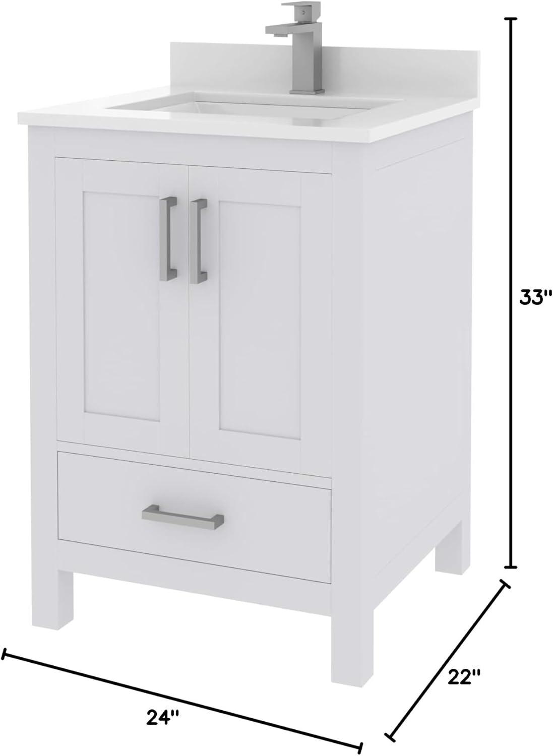 Ayna Decors Rooh 24 in White Bathroom Vanity Set with White Quartz Countertop | Ceramic Sink | 2 Soft Closing Doors | 1 Full Extention Soft Close Drawer | Brushed Nickel Hardware | AVR24WH3002