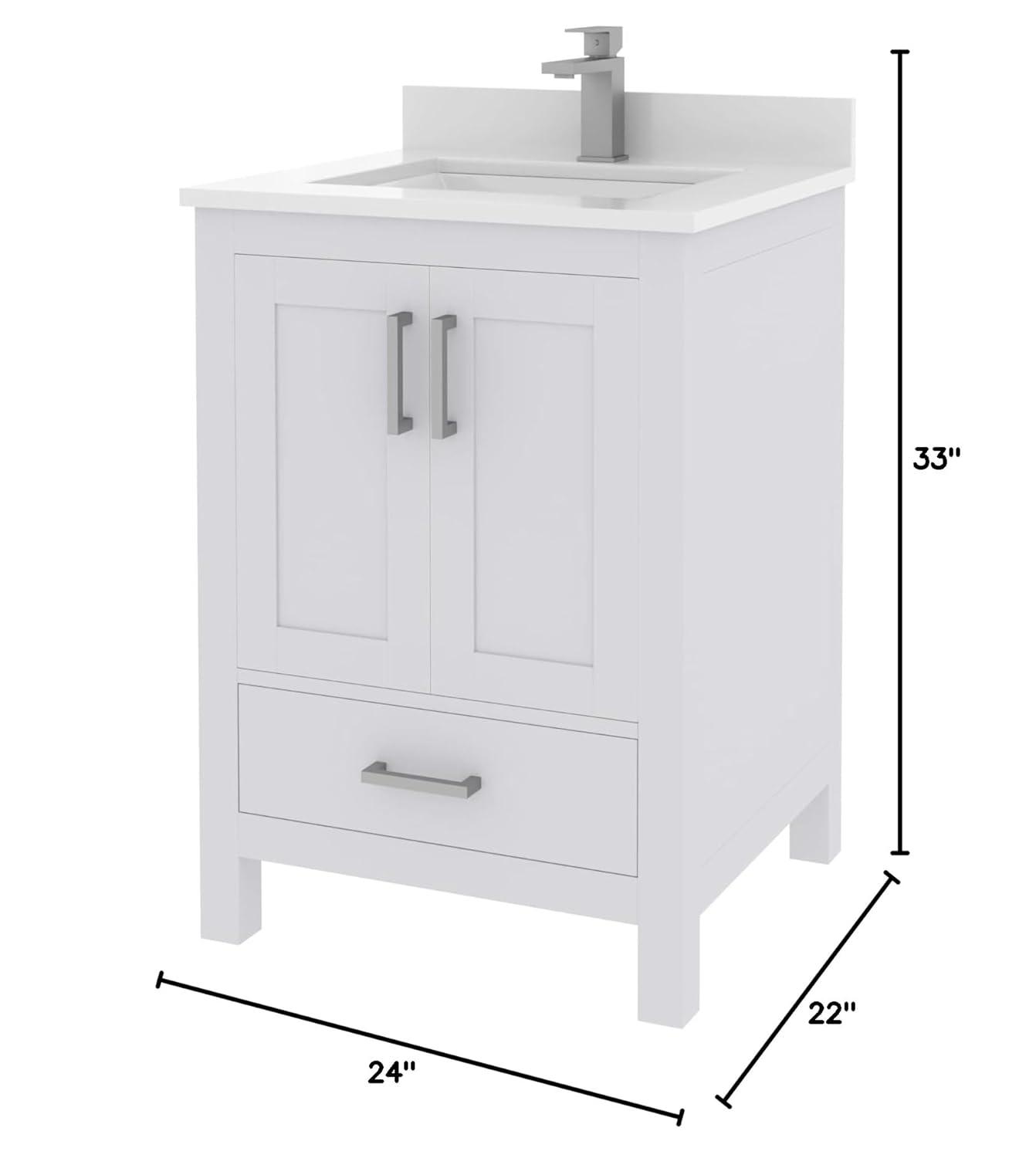 Ayna Decors Rooh 24 in White Bathroom Vanity Set with White Quartz Countertop | Ceramic Sink | 2 Soft Closing Doors | 1 Full Extention Soft Close Drawer | Brushed Nickel Hardware | AVR24WH3002