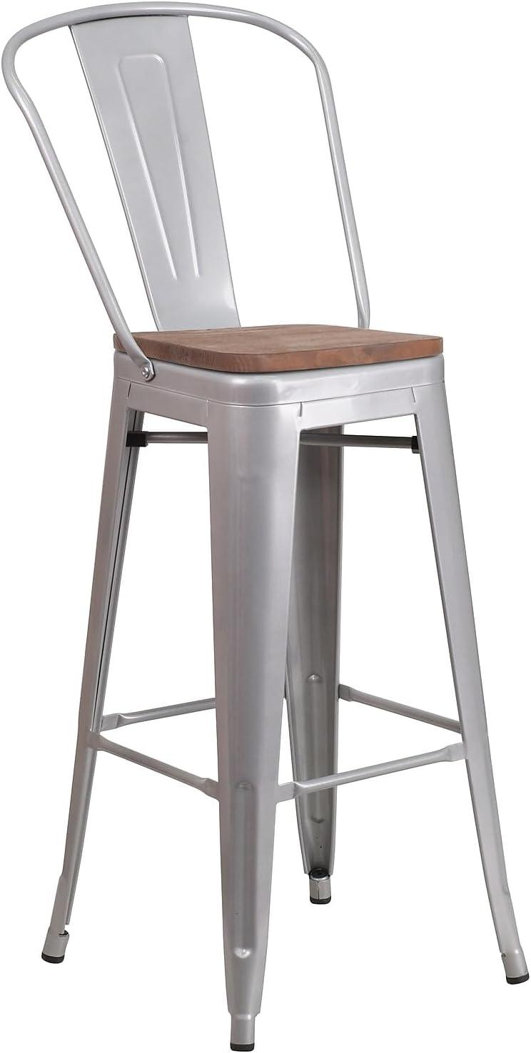 Flash Furniture 24" High Crystal Teal-Blue Metal Counter Height Stool with Back and Wood Seat