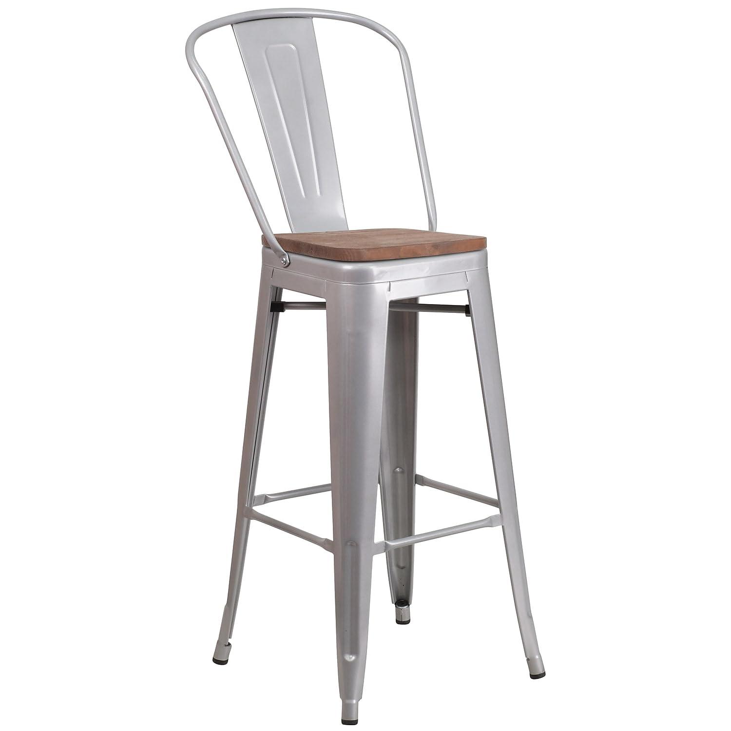 Flash Furniture 24" High Crystal Teal-Blue Metal Counter Height Stool with Back and Wood Seat