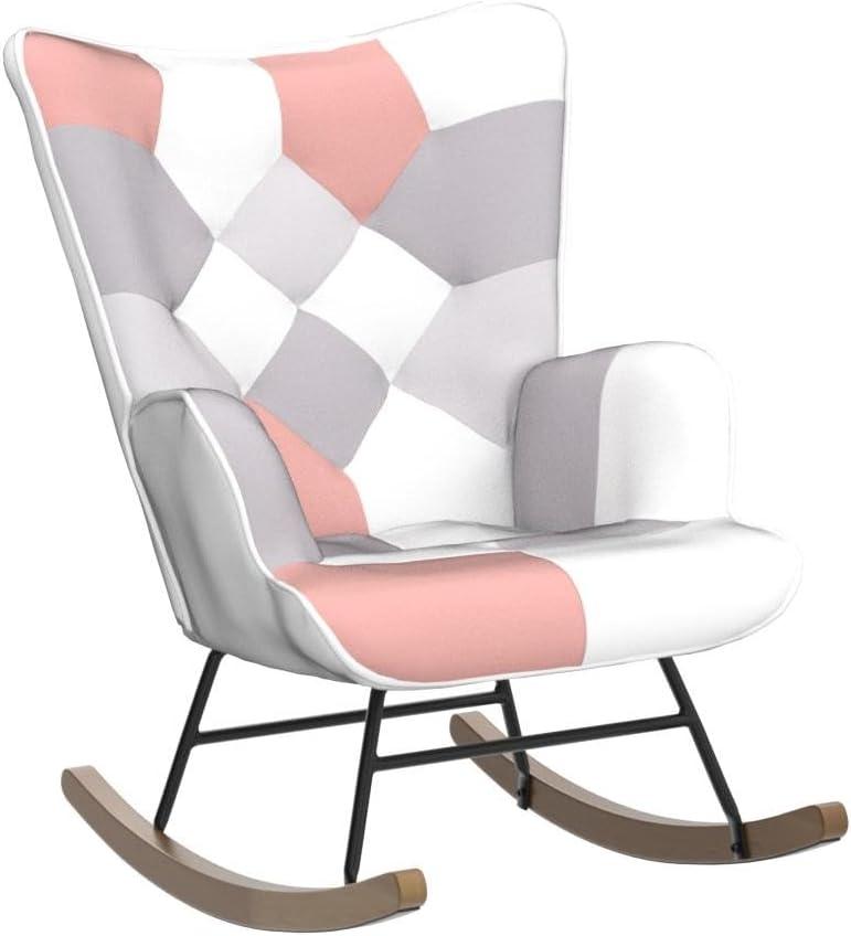 Accent Rocking Chair, Mid Century Fabric Rocker Recliner Chairs with Wood Legs and Patchwork Linen for Livingroom Bedroom, Pink