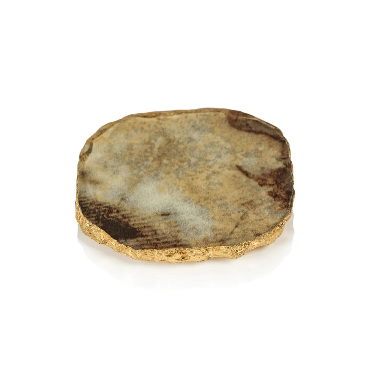 Zodax Simulated Agate Marble Glass Coaster with Gold Rim - Set of 4 (Brown)