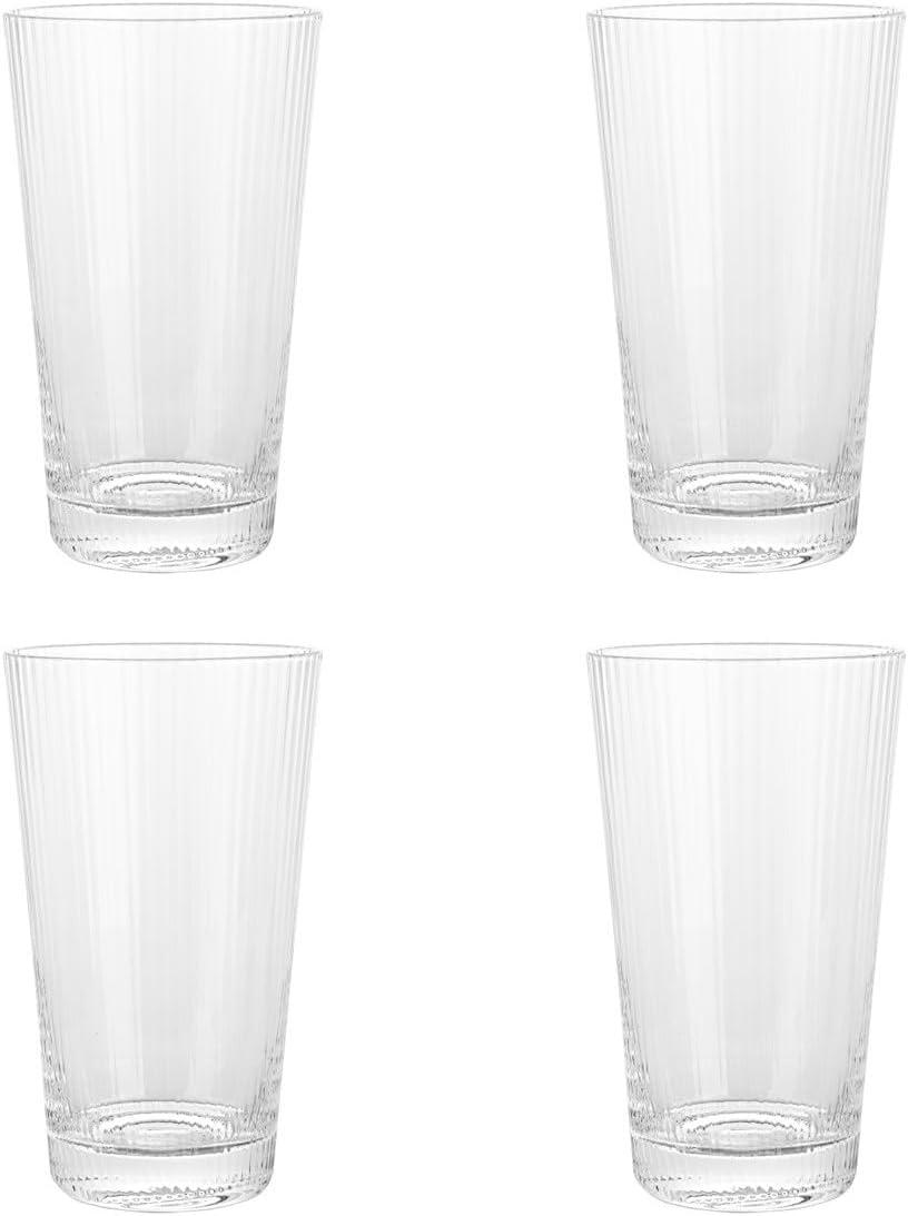 Elle Decor Ribbed Highball Glasses, Set of 4, 16oz Tall Drinking Glasses, For Gin and Tonics, Cocktails, and Juice, Stackable Vintage Style