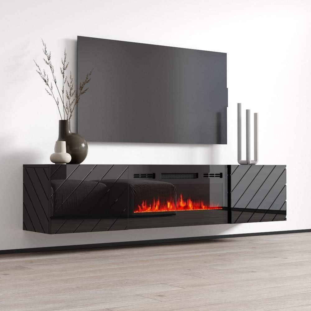 Luxe BL-EF Floating Fireplace TV Stand for TVs up to 80", Modern High Gloss 72" Entertainment Center, Wall Mounted Electric Fireplace TV Media Console with Storage Cabinets