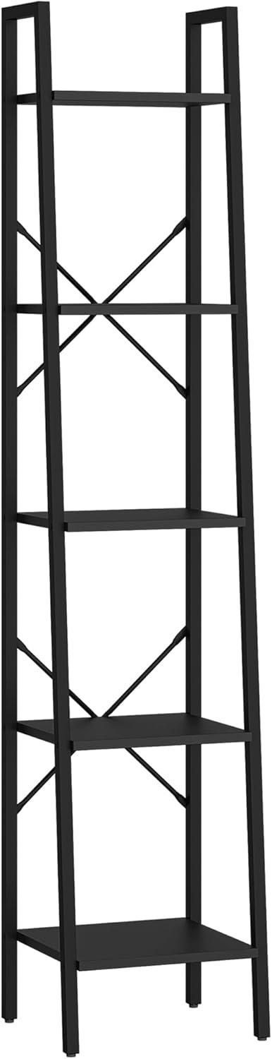 Black Industrial 5-Tier Ladder Corner Bookshelf with Hooks