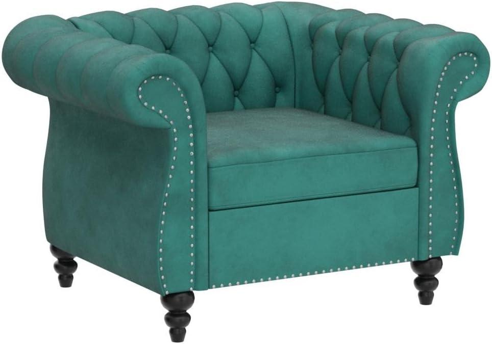 Green Velvet Chesterfield Accent Chair with Nailhead Trim