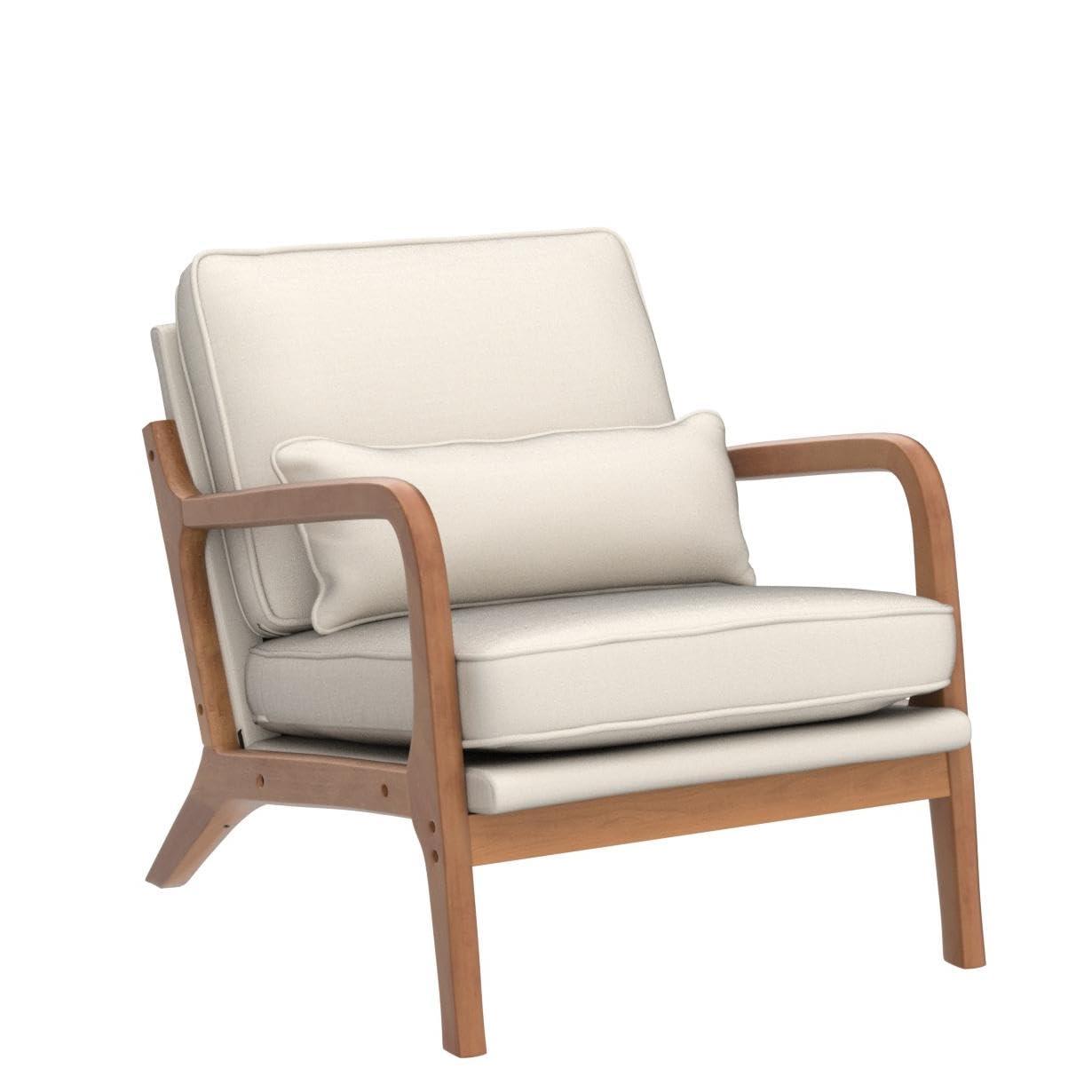 JULY'S SONG Mid-Century Wood Upholstered Fabric Solid Print Armchair, Beige (Set of 2)